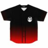 Black to red ombre baseball jersey with white mask-like emblem on chest, front view