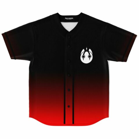 Black to red ombre baseball jersey with white mask-like emblem on chest, front view