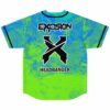 Back view of lime fluid paint jersey with bass-inspired text and headbanger print