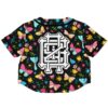 Butterfly and flower rave crop top, back view, floral pattern with bold graphic