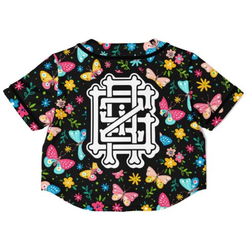 Floral patterned crop top back view with bold graphic