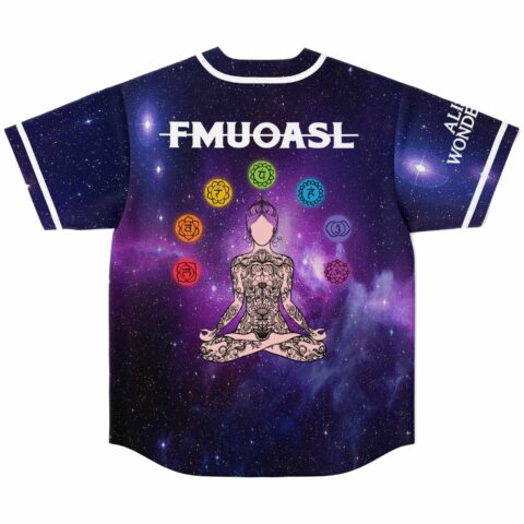 Back flat lay showing tattooed meditating figure with chakra symbols and FMUOASL text