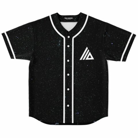 Black galaxy speckled baseball jersey with white trim and triangle mountain logo front view