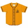 Orange baseball jersey front view with sprouting brain graphic and black button placket