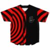 Hypnotic concentric red and black swirl rave baseball jersey with eye-in-hand emblem front view