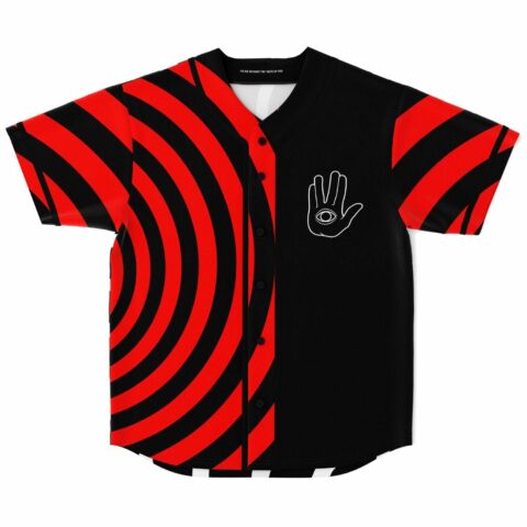 Hypnotic concentric red and black swirl rave baseball jersey with eye-in-hand emblem front view