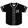 Black rave baseball jersey with geometric eye emblem on chest, front view flat lay