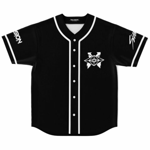 Black rave baseball jersey with geometric eye emblem on chest, front view flat lay