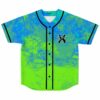 Blue and lime fluid paint baseball jersey with bold X emblem front view