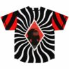 Black baseball jersey back view with wavy stripe burst and silhouette diamond graphic