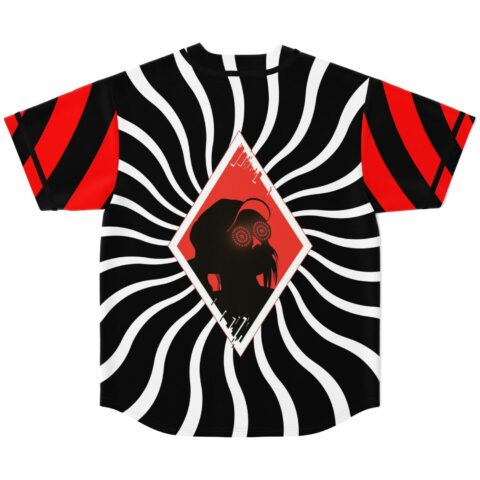 Black baseball jersey back view with wavy stripe burst and silhouette diamond graphic