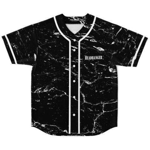 Black and white marble print baseball jersey with Headbanger text on chest, flat front view