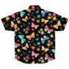 Back view of the black rave button-down shirt with vibrant butterflies and flowers