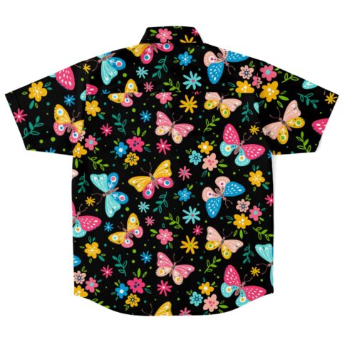 Black background with vibrant butterflies and flowers shirt, back view