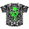 back view of black liquid marble jersey with neon green snail and lion graphic
