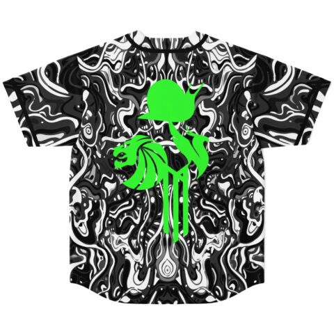 back view of black liquid marble jersey with neon green snail and lion graphic