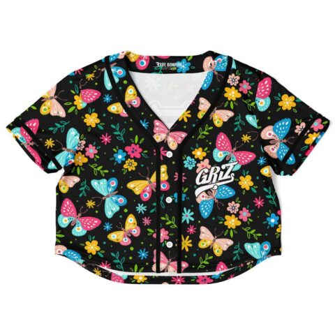 Colorful butterfly and flower design black crop top