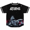 Back view of black jersey with ATLIENS text over astronaut rising from glowing red-eyed skulls