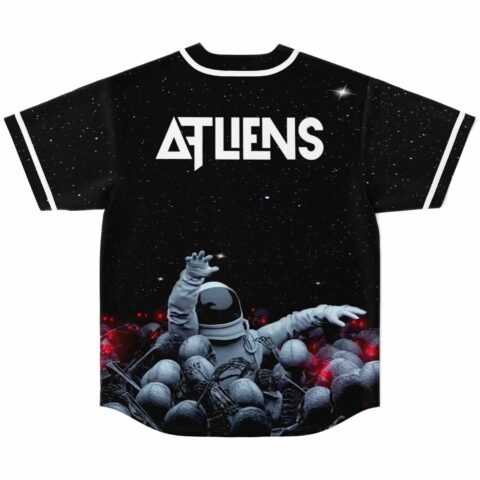 Back view of black jersey with ATLIENS text over astronaut rising from glowing red-eyed skulls
