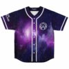 Deep purple space rave baseball jersey flat lay with galaxy nebula print and circle emblem