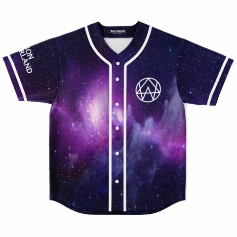 Deep purple space rave baseball jersey flat lay with galaxy nebula print and circle emblem