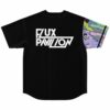 Black jersey back view with FLUX PAVILION text print and colorful comic-style sleeve panel