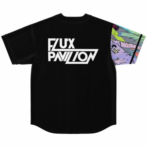 Black jersey back view with FLUX PAVILION text print and colorful comic-style sleeve panel