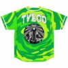 Back view of green camo jersey with TVBOO text and robed figure graphic, kneeling dancers