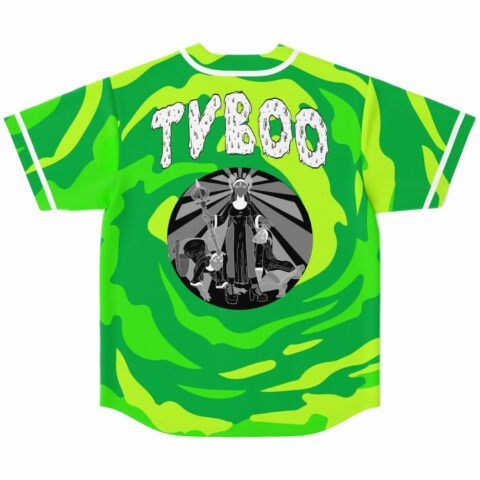 Back view of green camo jersey with TVBOO text and robed figure graphic, kneeling dancers