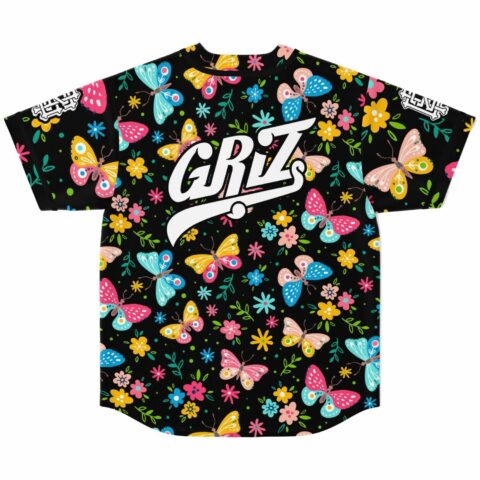 Black butterfly print jersey back view showing bold white GRiZ text across shoulders