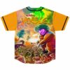 Back view of orange jersey with wobble text and mushroom-headed character farming crystal crops