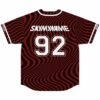back view of deep red wavy warped rave jersey with SAYMYNAME text and 92 number