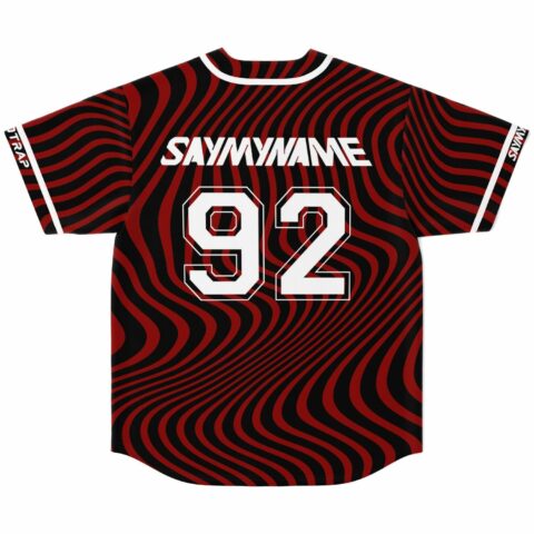 back view of deep red wavy warped rave jersey with SAYMYNAME text and 92 number