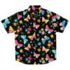Front view of the colorful butterflies and flowers rave button-down shirt