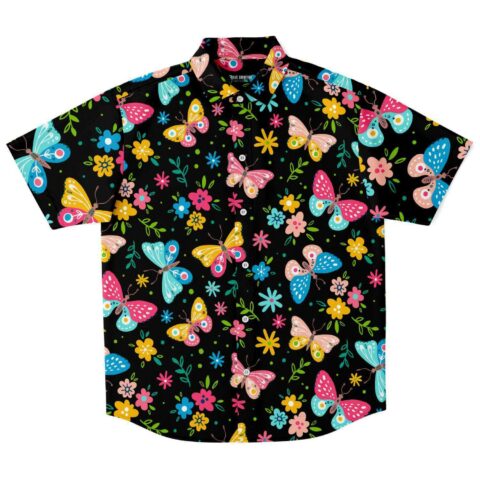 Colorful butterflies and flowers short sleeve button down shirt, front view