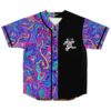 Psychedelic rave baseball jersey front view with abstract swirl print and dancing skeleton bear graphic