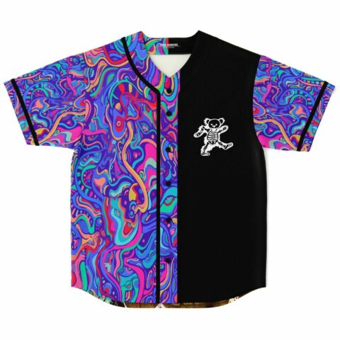 Psychedelic rave baseball jersey front view with abstract swirl print and dancing skeleton bear graphic