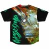 Back view showing metallic dragon graphic and green graffiti-style text reading dissolve on black jersey