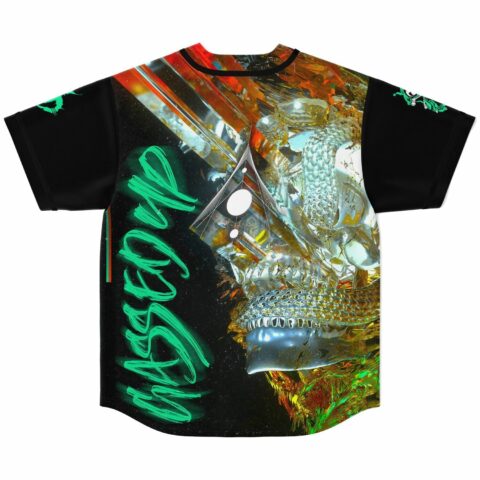 Back view showing metallic dragon graphic and green graffiti-style text reading dissolve on black jersey