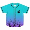 Turquoise baseball jersey with black floral vine gradient and creature logo front view