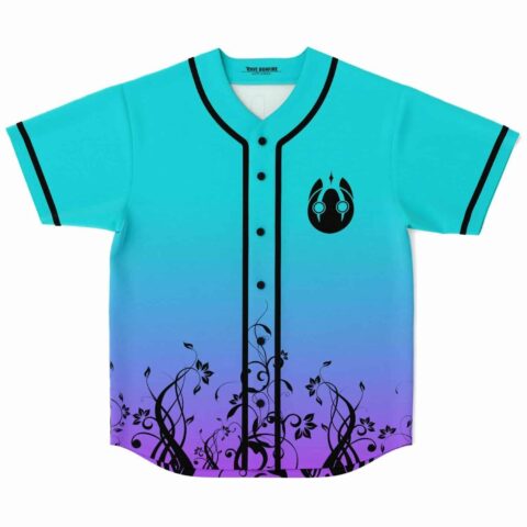 Turquoise baseball jersey with black floral vine gradient and creature logo front view