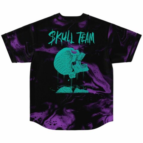 Black liquid marble jersey back view with teal dripping skull graphic and Skull Team text