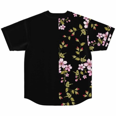 Black cherry blossom baseball jersey flat lay back view with floral vine on right panel
