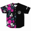 Half black half pink rose floral rave baseball jersey with swirl emblem front view