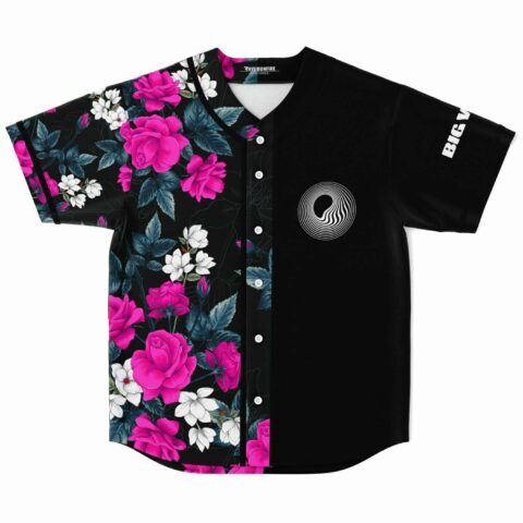 Half black half pink rose floral rave baseball jersey with swirl emblem front view