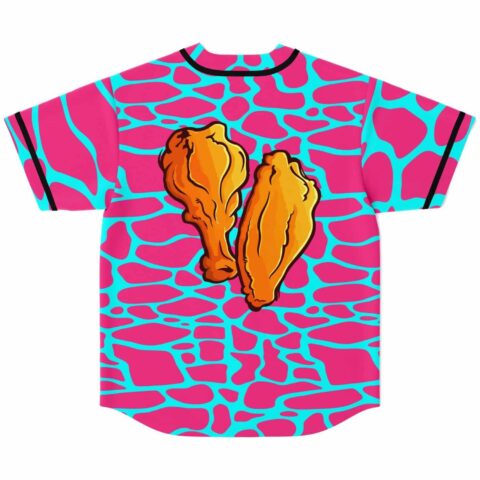 Hot pink cow print jersey back view with large cartoon fried chicken legs design