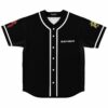 Black bass-inspired rave baseball jersey with Subtronics text and dual sleeve monster patches, front view