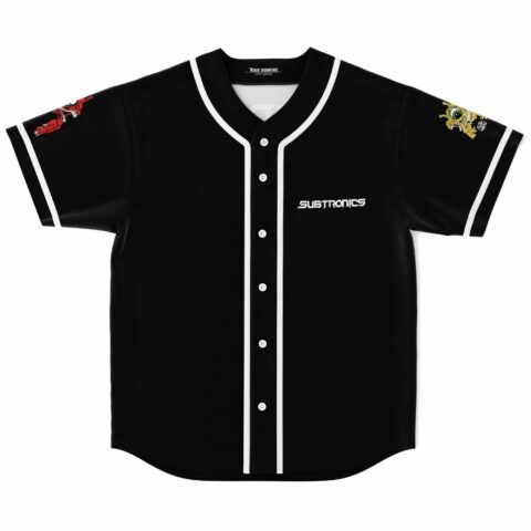 Black bass-inspired rave baseball jersey with Subtronics text and dual sleeve monster patches, front view