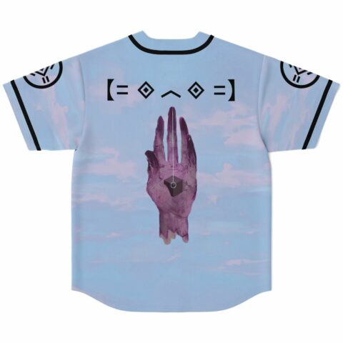 Back view of pastel cloud jersey with surreal hand and cube graphic below emoji-style symbol