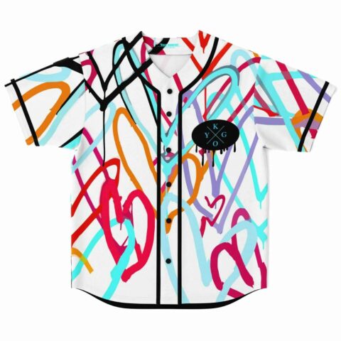Scribbled heart graffiti rave baseball jersey in white with black button placket front view